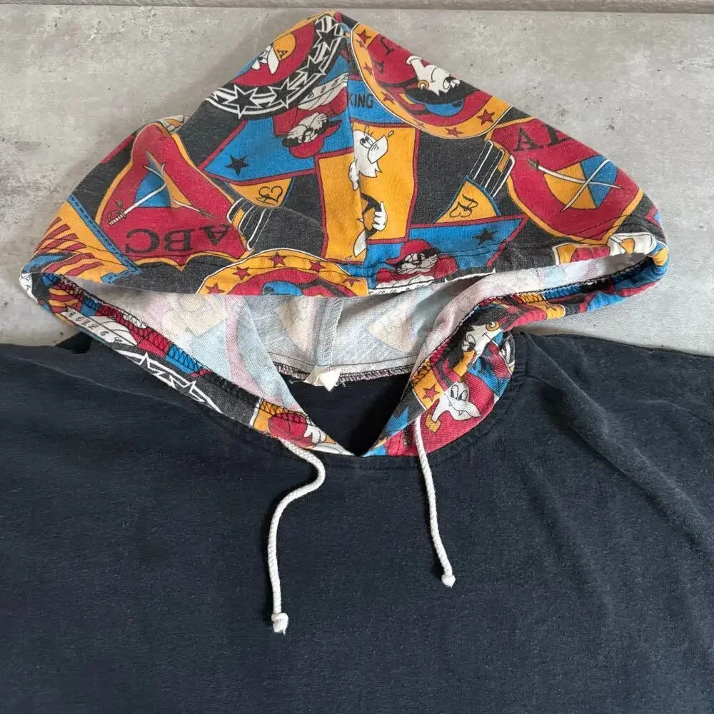 Vintage Looney toons cartoon color block hooded t-shirt drawstrings size XL